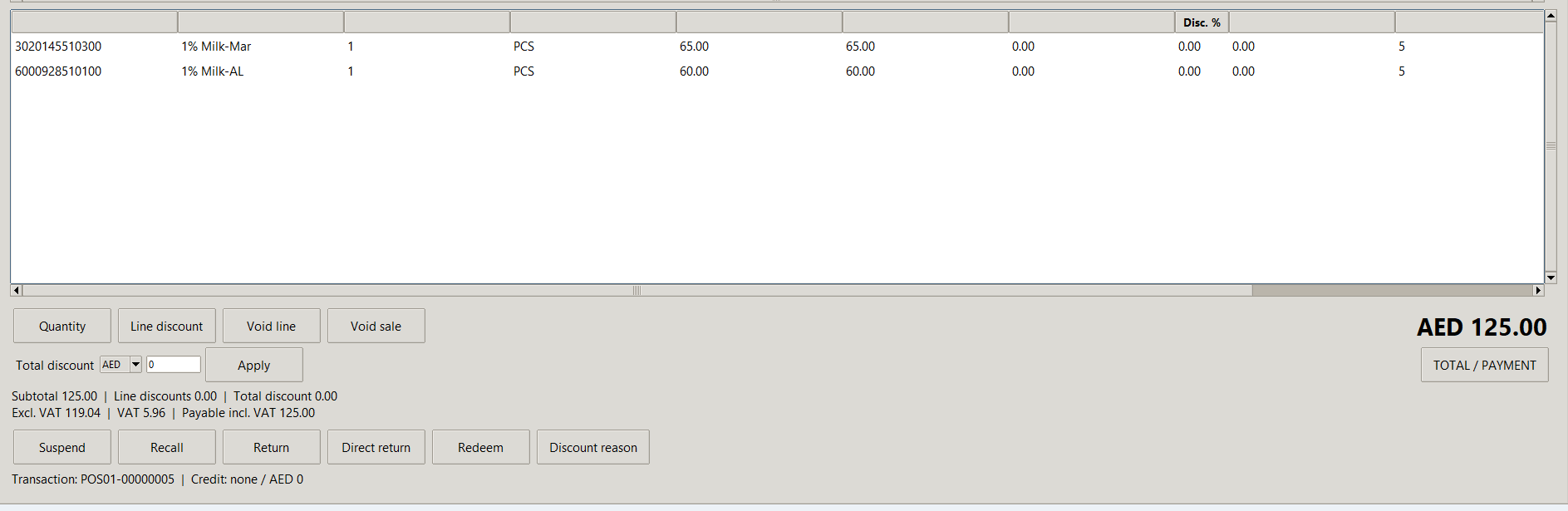 J&DA retail POS checkout screen showing scanned product lines, discounts, VAT, AED total and payment controls